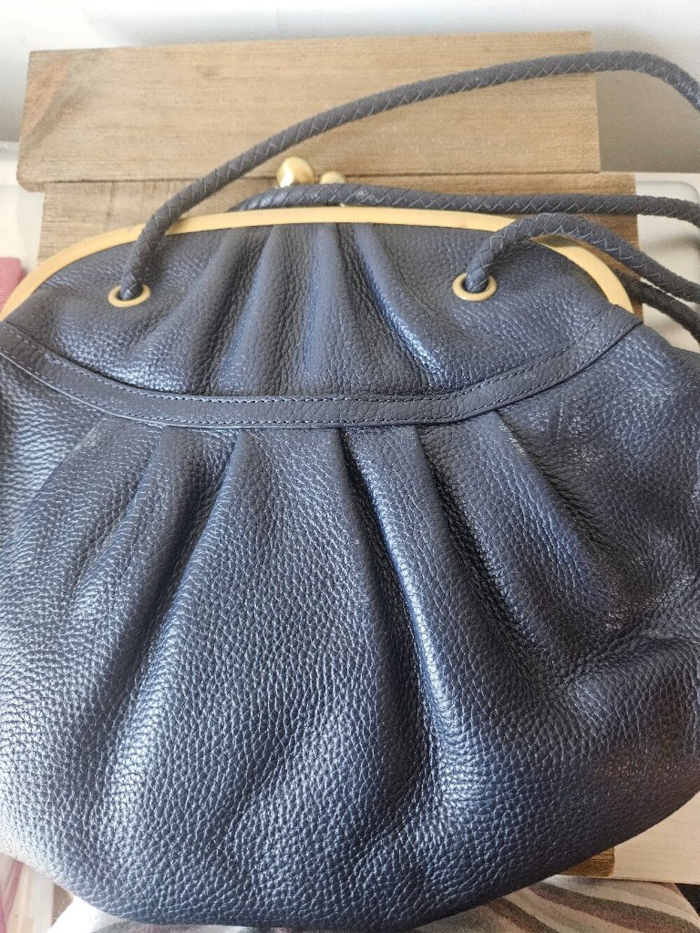 Maxx New York Navy  Pebbled Leather Kiss Lock Frame Shoulder Bag Vintage Style